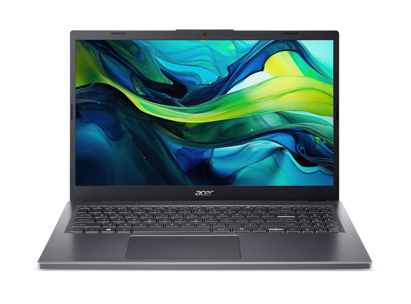Notebook Acer Aspire 15 cinza escuro, aberto, visto de frente, com a tela colorida e o logotipo da Acer
