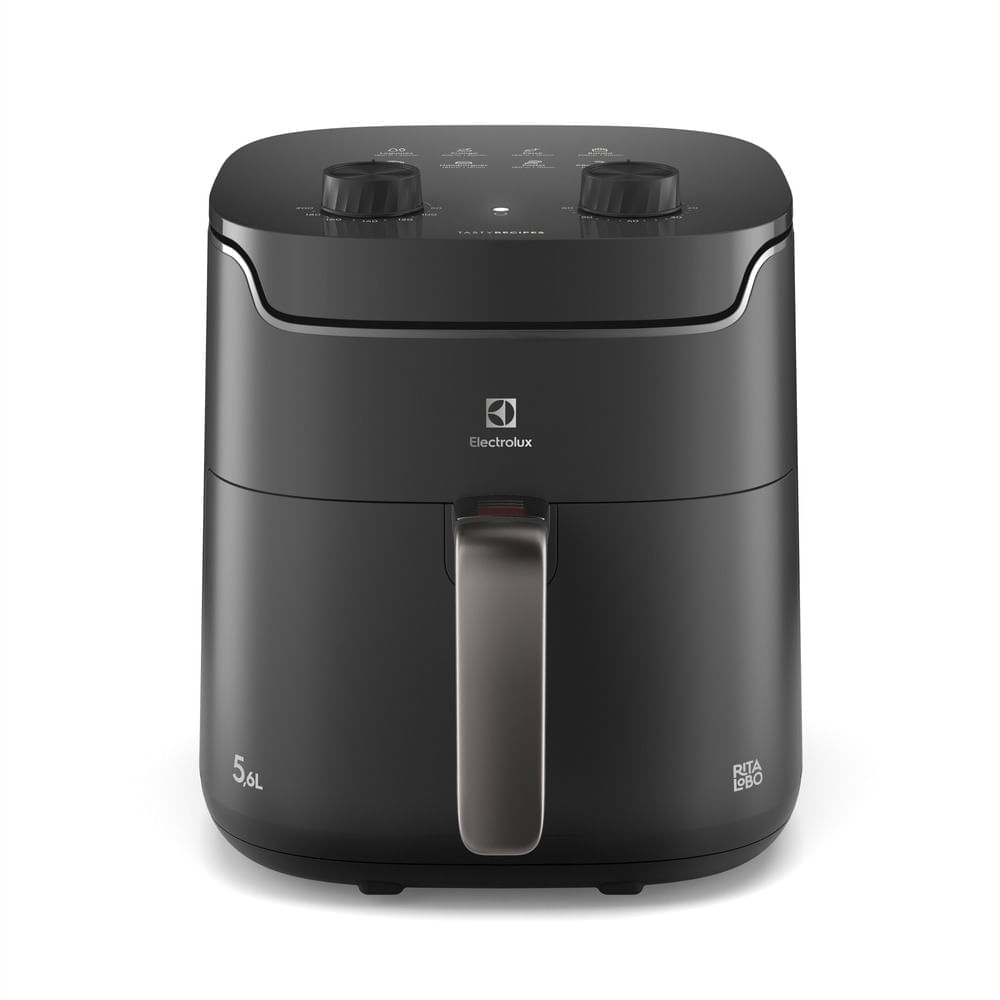 Air fryer Electrolux EAF40 de 5,6 litros na cor grafite, vista de frente, com dois botões giratórios no topo
