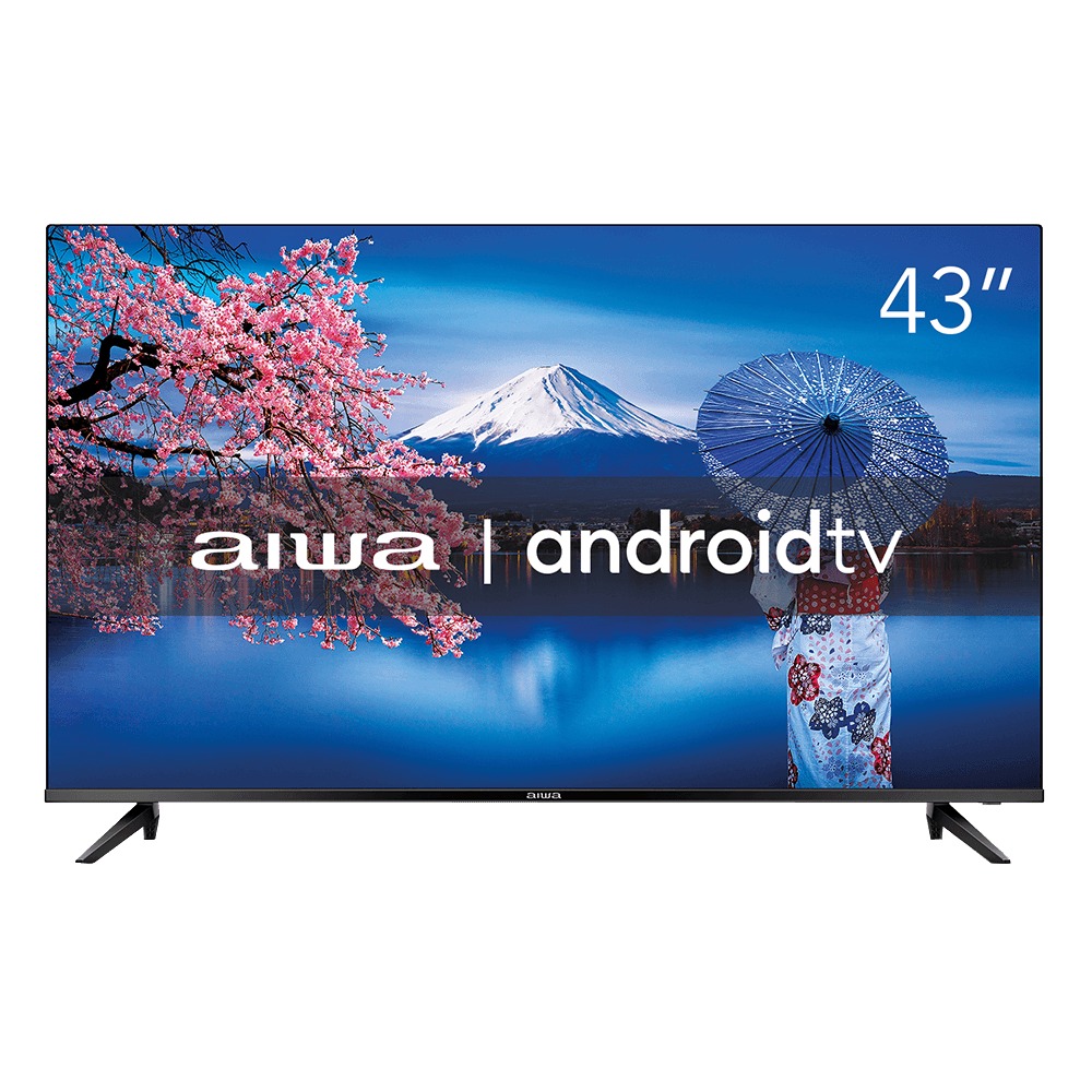 Smart TV Aiwa 43 polegadas vista de frente, com moldura fina preta e dois pés nas pontas