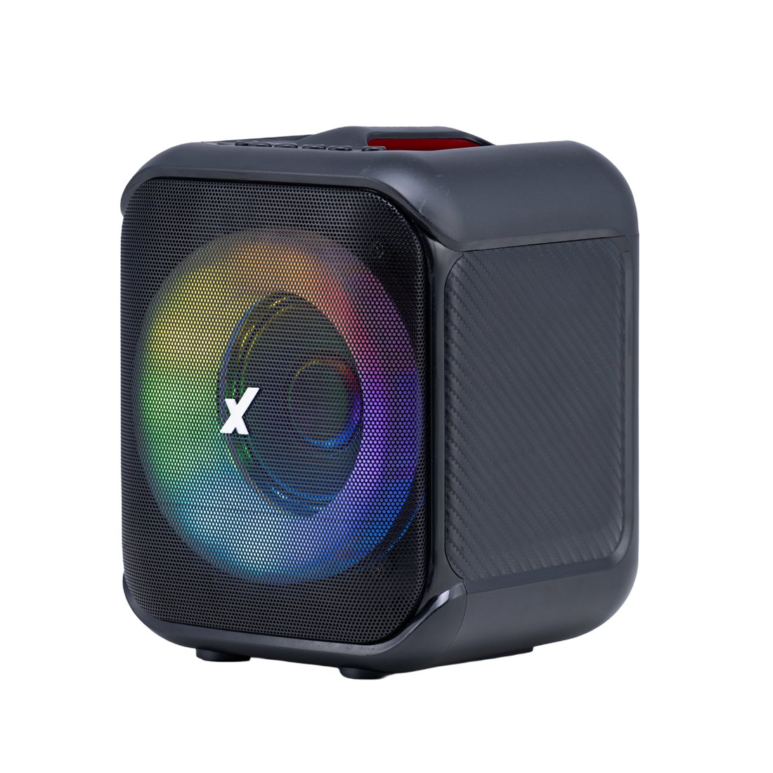 Caixa de som amplificada Amvox ACA 150 Pop preta, vista em ângulo, com luzes de LED coloridas atrás da grade frontal