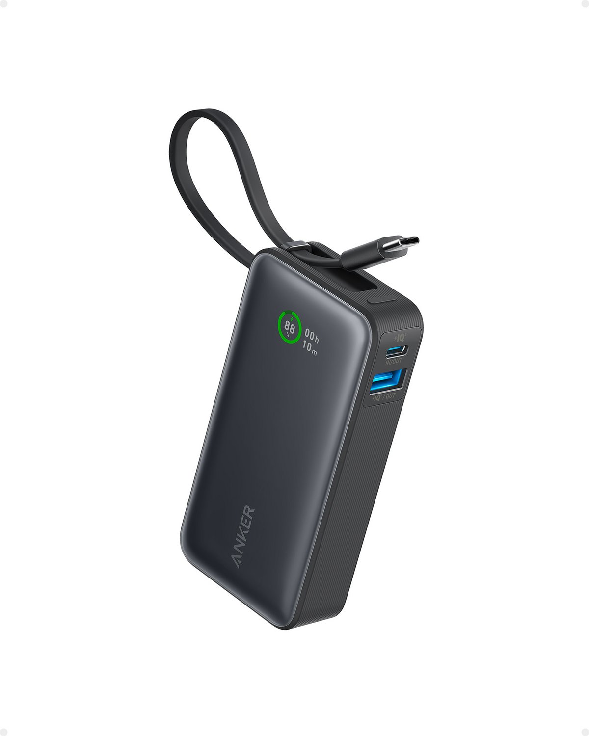 Carregador portátil Anker Nano Power Bank de 10.000 mAh preto, com cabo USB-C embutido em alça e visor de carga