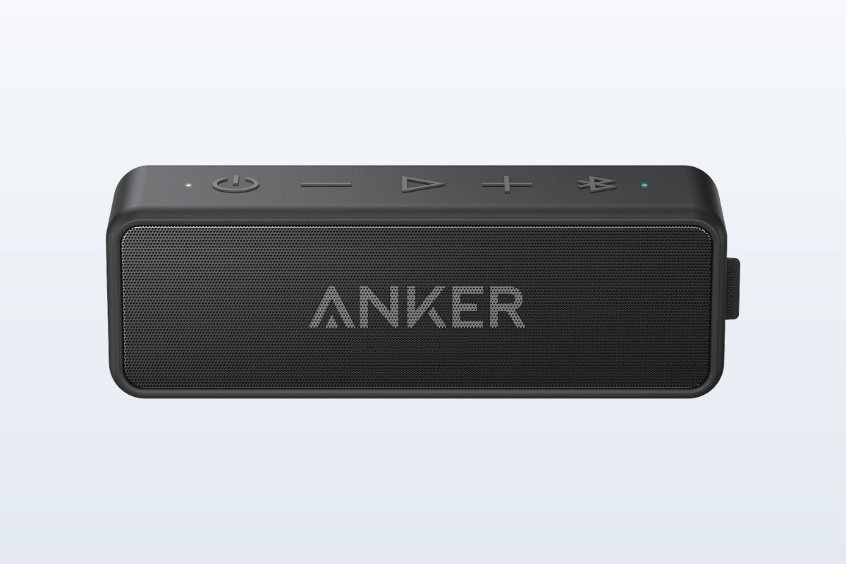 Caixa de som Bluetooth Anker Soundcore 2 preta, vista de frente, com os botões na parte de cima