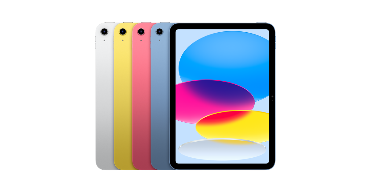 iPad de 11 polegadas da Apple nas cores prateado, amarelo, rosa e azul, com a tela do modelo azul à frente