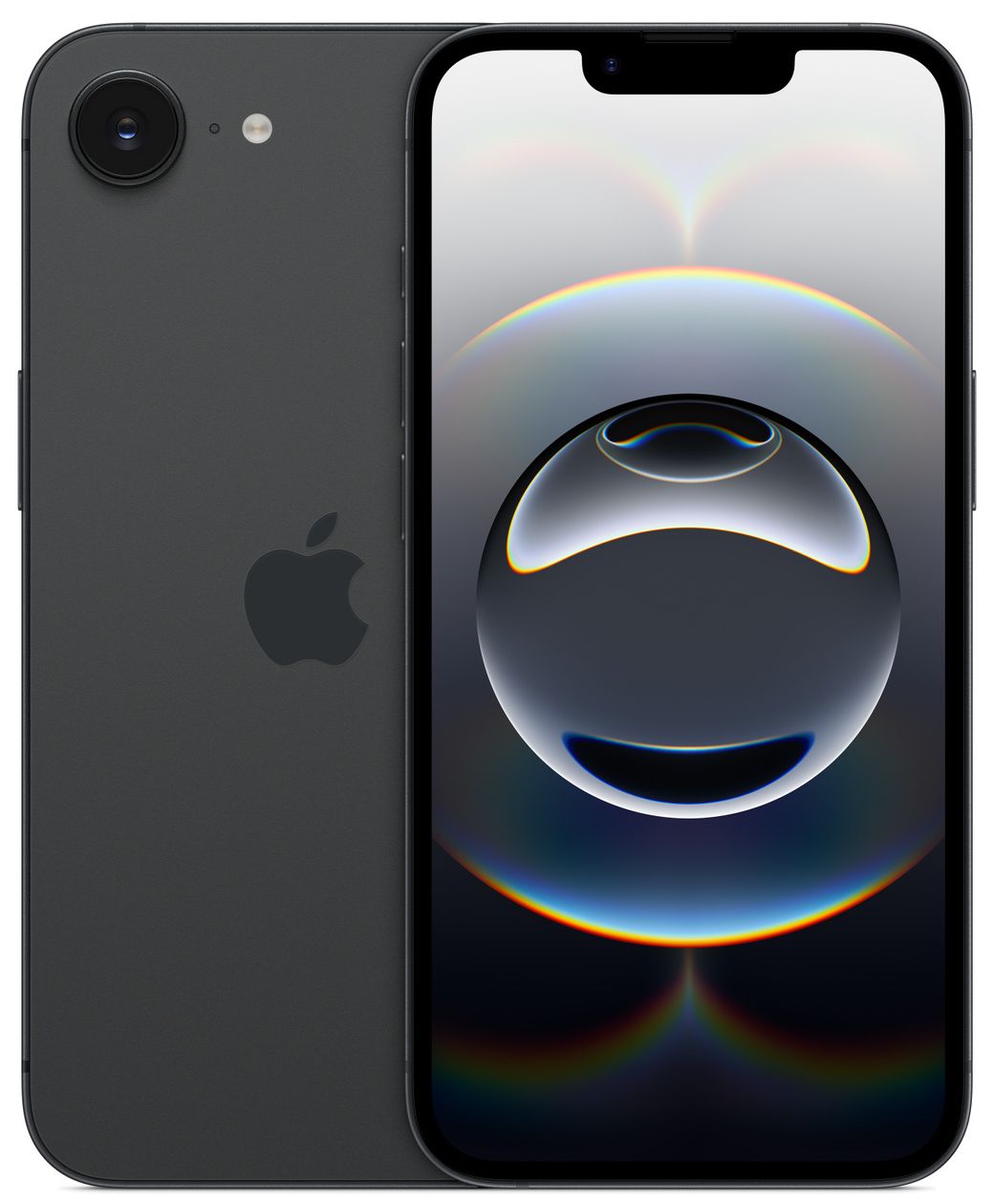 iPhone 16e preto visto de frente e de costas