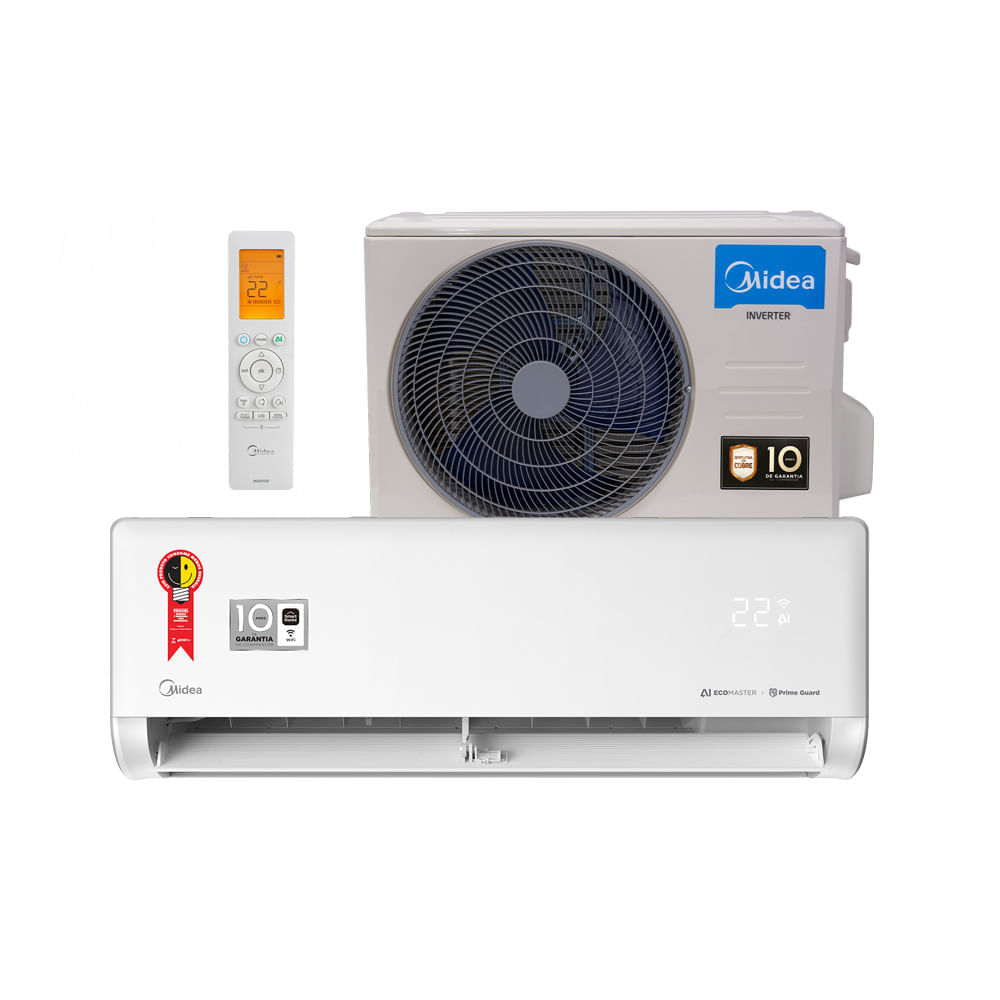 Ar-condicionado split Midea AI Ecomaster 12000 BTU com controle remoto, unidade externa e unidade interna