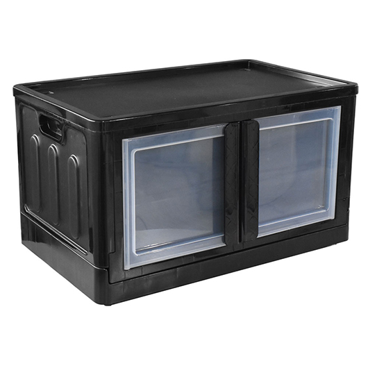 Organizador dobrável preto de 75 litros da Arqplast com duas portas transparentes na frente