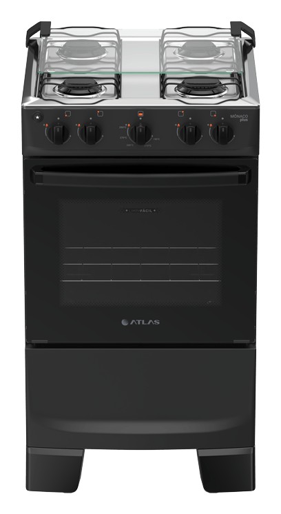 Fogão Atlas Mônaco Plus 4 bocas preto com mesa inox, tampa de vidro sobre as bocas e botões na frente