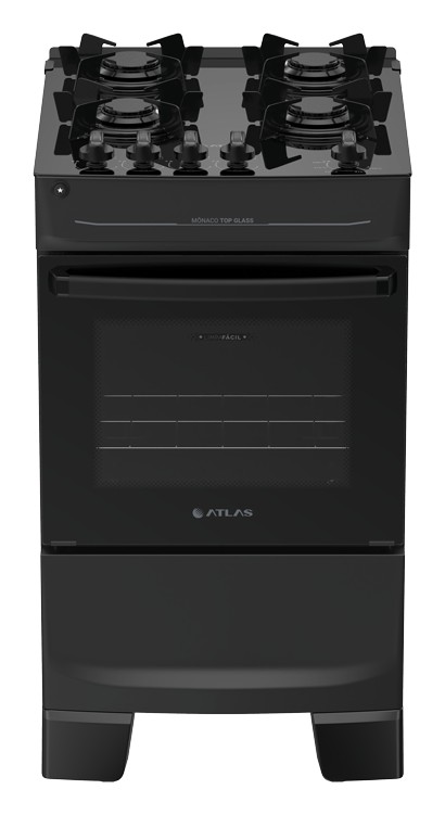 Fogão Atlas Mônaco Top Glass 4 bocas preto com mesa de vidro, forno com visor e pés altos