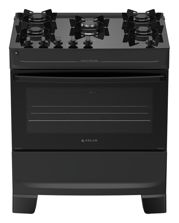 Fogão Atlas Mônaco Top Glass 5 bocas preto com mesa de vidro, queimador central e forno largo