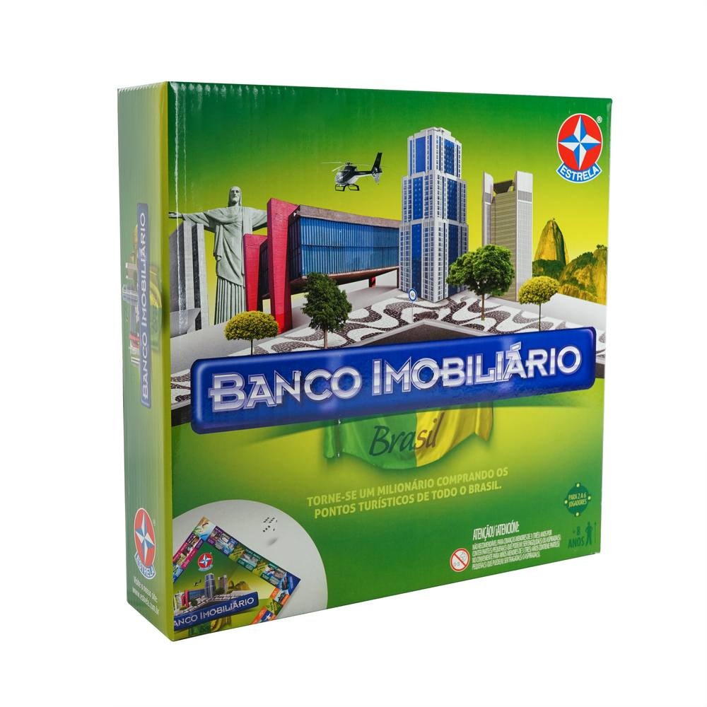 Caixa verde do jogo Banco Imobiliário Brasil da Estrela, com o Cristo Redentor, o MASP e prédios na capa