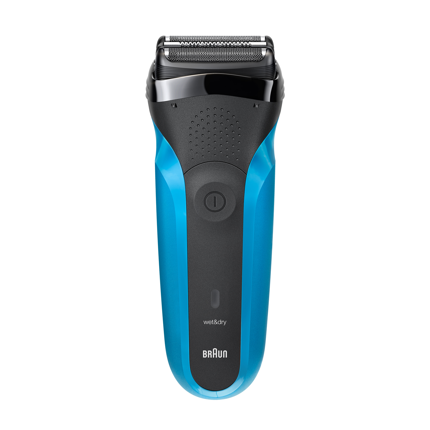 Barbeador elétrico Braun Series 3 310s azul e preto, visto de frente