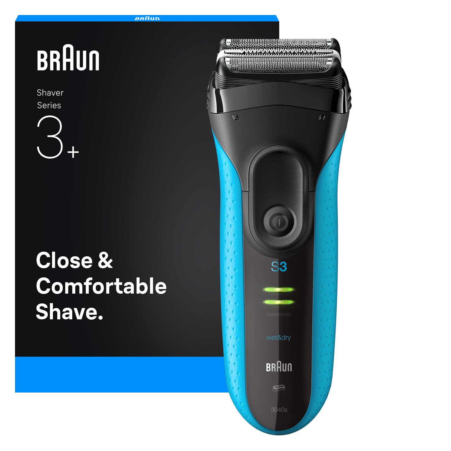 Barbeador elétrico Braun Series 3+ 3040s azul e preto ao lado da caixa
