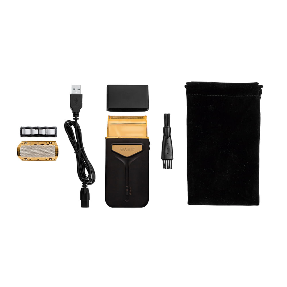 Kit do Wahl Travel Shaver com barbeador, tela foil, lâmina extra, cabo USB, protetor, escova de limpeza e estojo