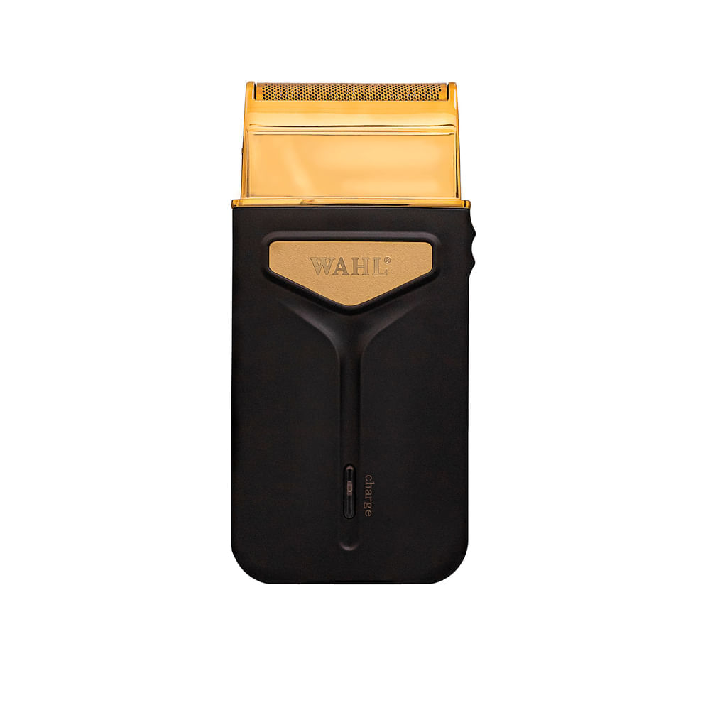 Barbeador Wahl Travel Shaver 3025441 preto com detalhes dourados, visto de frente