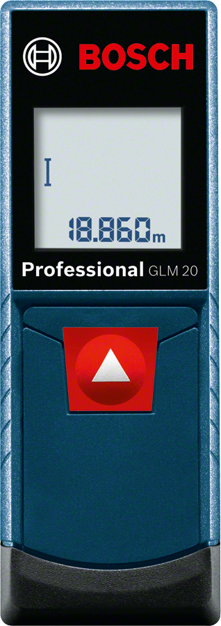 Trena a laser Bosch Professional GLM 20 vista de frente, com display e botão de medição