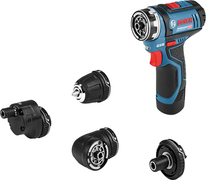 Bosch GSR 12V-15 FC com mandril e adaptadores intercambiáveis