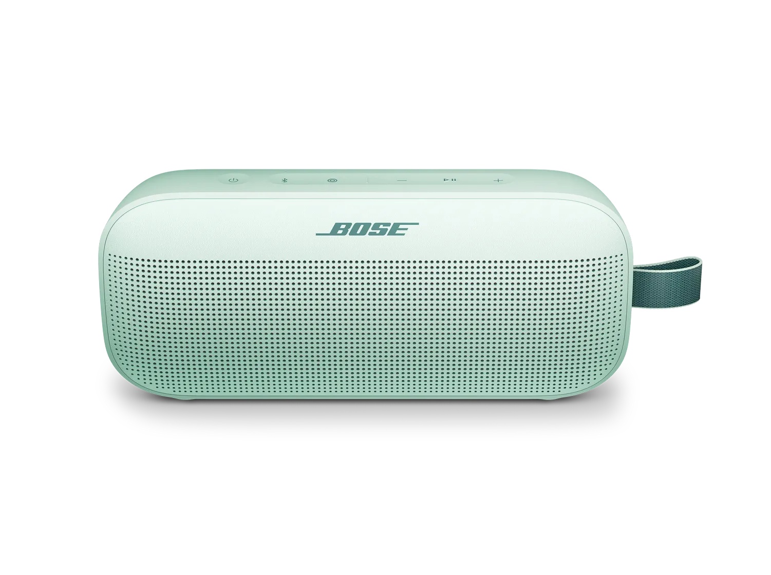Caixa de som Bluetooth Bose SoundLink Flex na cor verde-menta, de frente, com alça de tecido na lateral