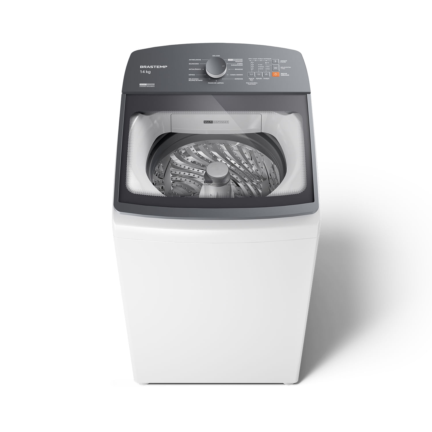 Máquina de lavar Brastemp 14 kg branca vista de cima, com painel cinza escuro, tampa de vidro e cesto inox