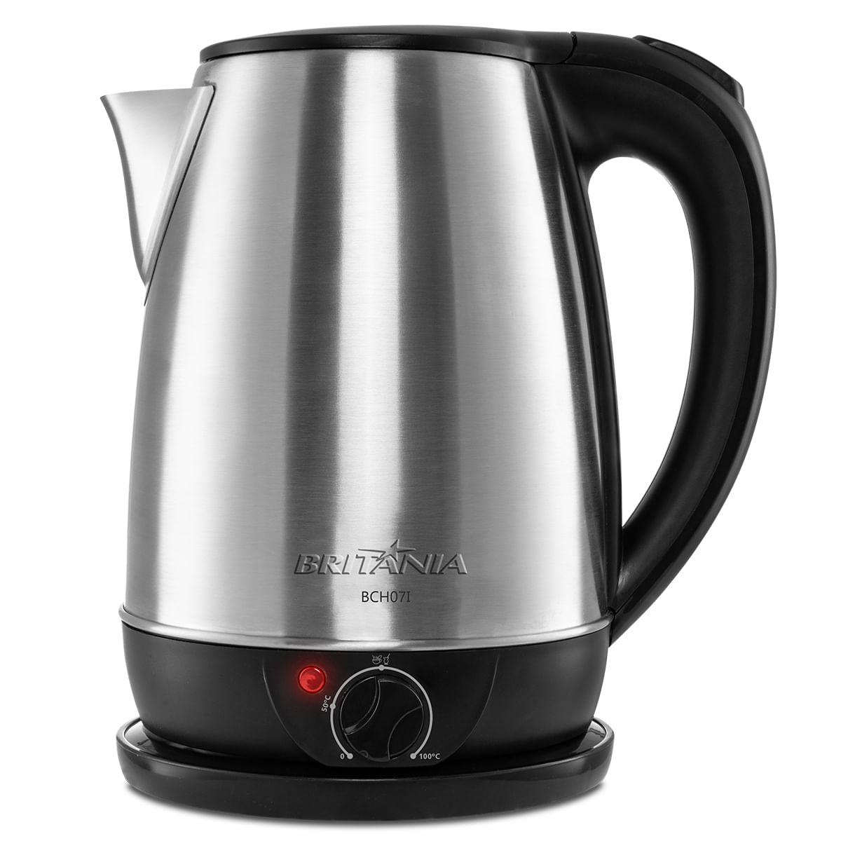 Chaleira elétrica Britânia BCH07I em aço inox, com seletor de temperatura na base preta