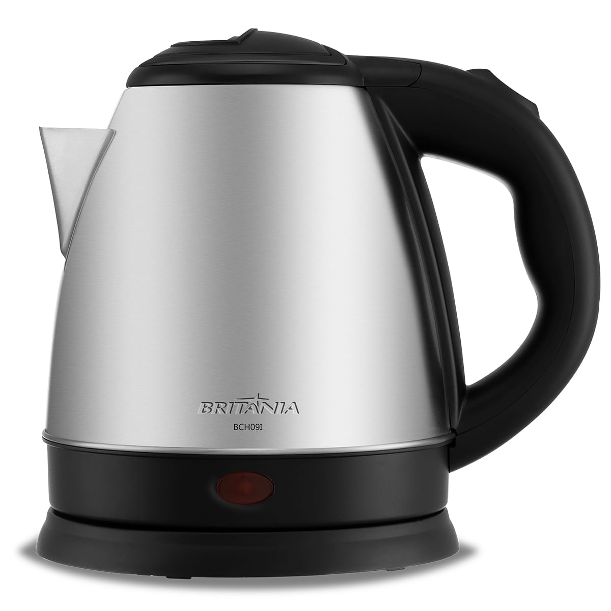 Chaleira elétrica Britânia BCH09I em aço inox escovado, com cabo e base pretos e luz indicadora na base