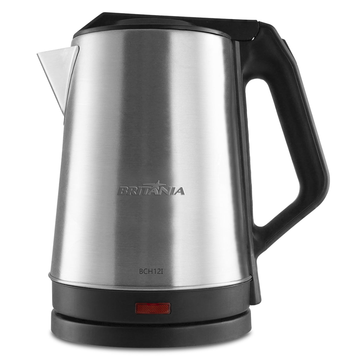 Chaleira elétrica Britânia BCH12I em aço inox, com cabo ergonômico preto e luz indicadora vermelha na base