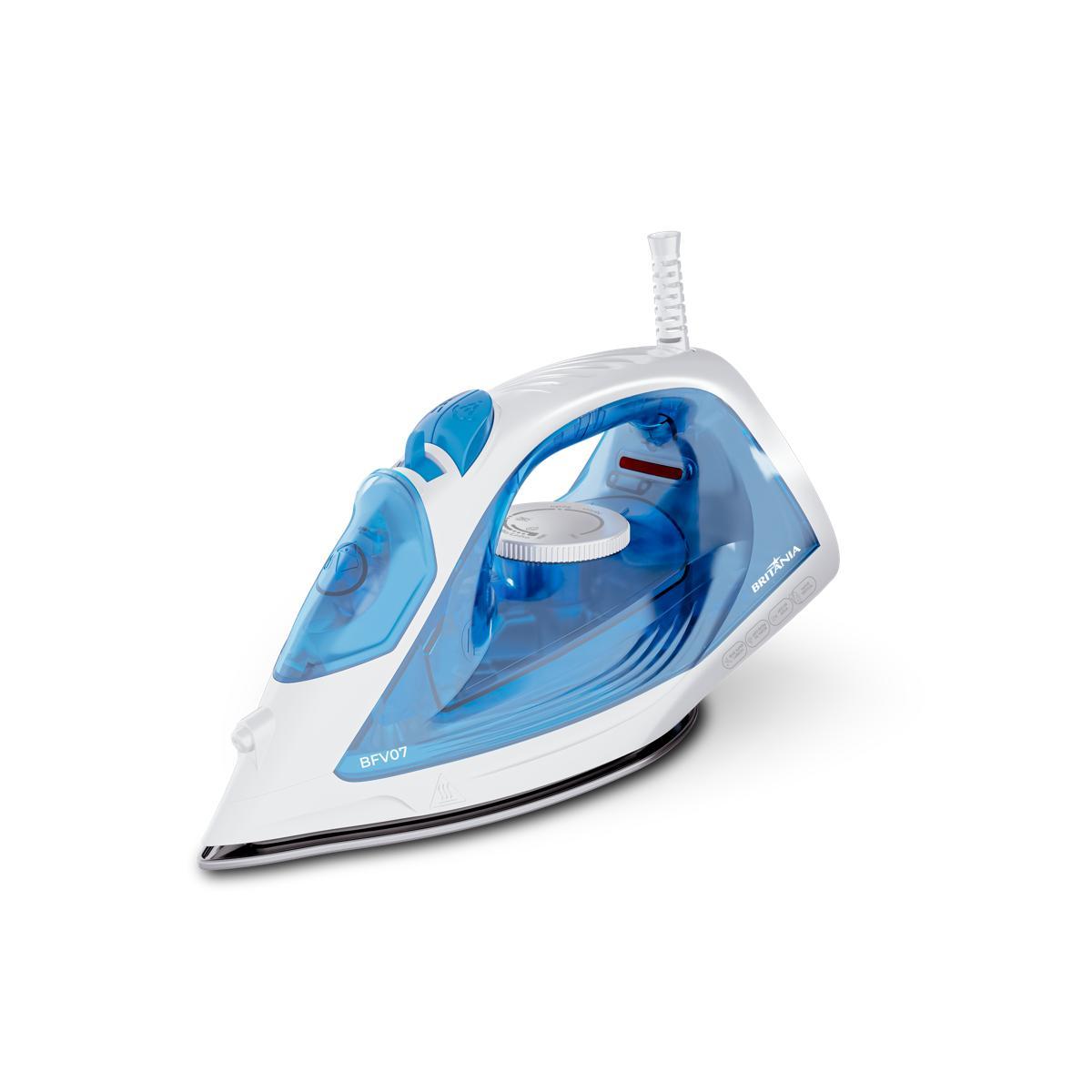 Ferro de passar a vapor Britânia BFV07 azul e branco com cabo transparente