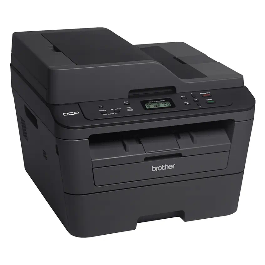 Multifuncional laser Brother DCP-L2540DW preta, vista em ângulo, com o alimentador de documentos no topo, visor pequeno e botões no painel e a bandeja de papel embaixo
