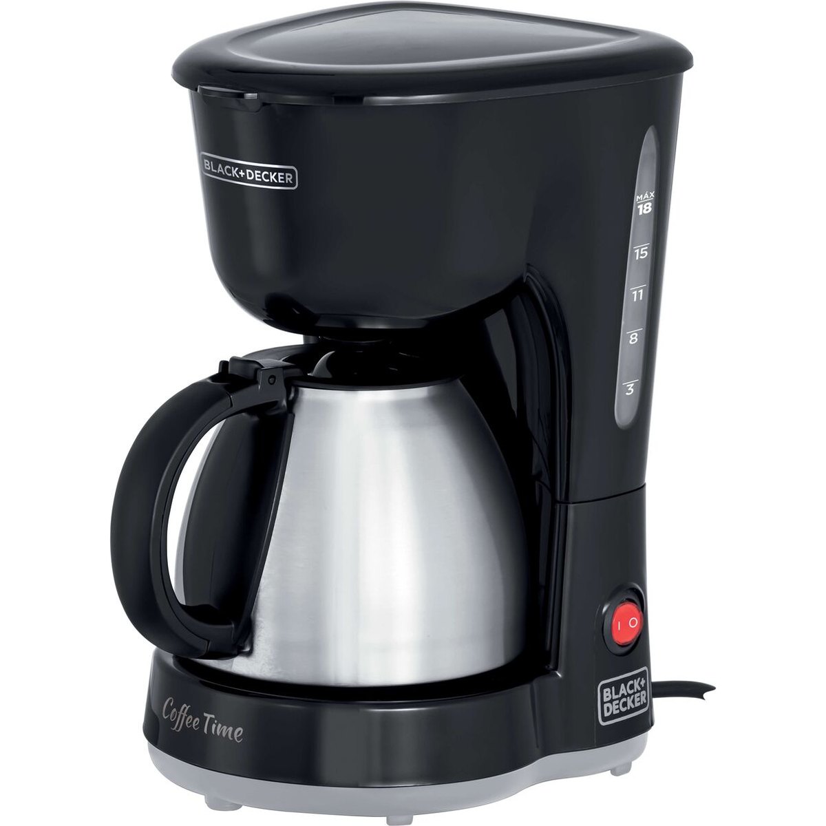 Cafeteira elétrica Black+Decker CM15 preta com jarra de inox e escala de xícaras no reservatório