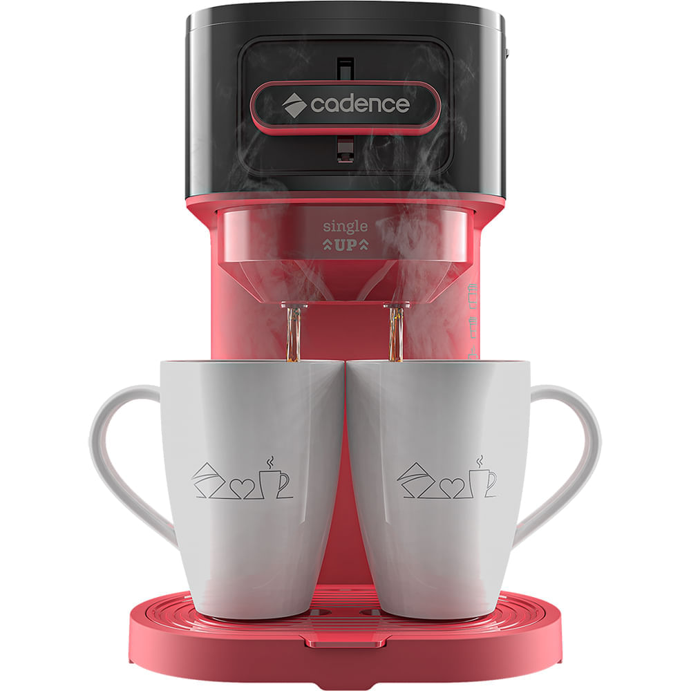 Cafeteira elétrica Cadence Single Up preta e vermelha preparando café em duas xícaras brancas