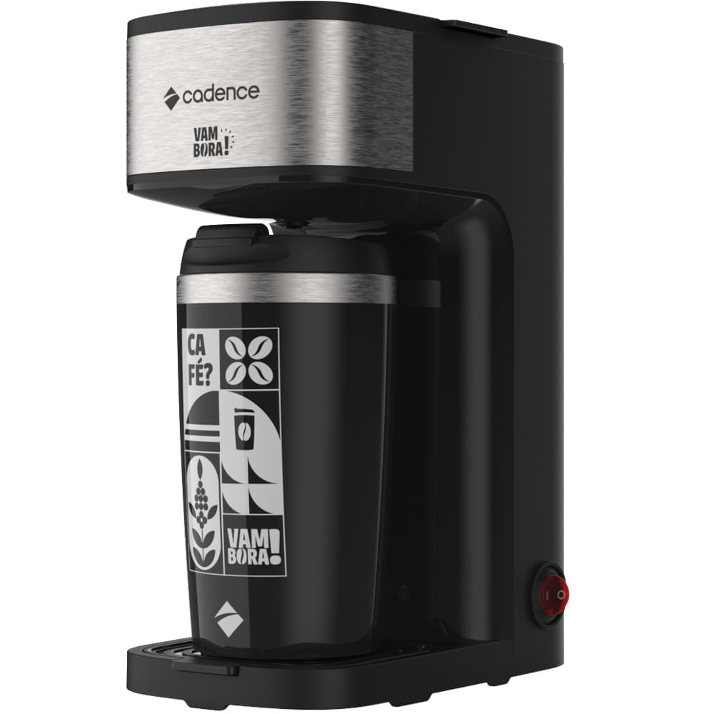 Cafeteira elétrica Cadence Vambora preta com acabamento em inox e copo térmico preto encaixado