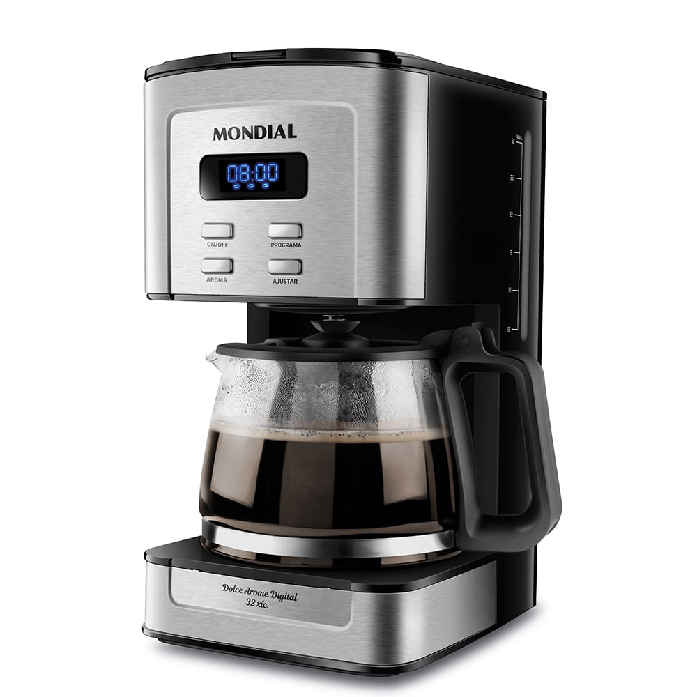 Cafeteira elétrica Mondial Dolce Arome Digital com jarra de vidro cheia de café e painel digital