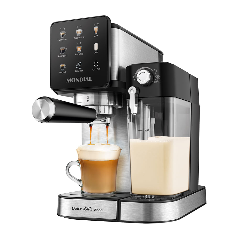 Cafeteira espresso automática Mondial Dolce Latte com painel touch e reservatório de leite ao lado de um café com leite