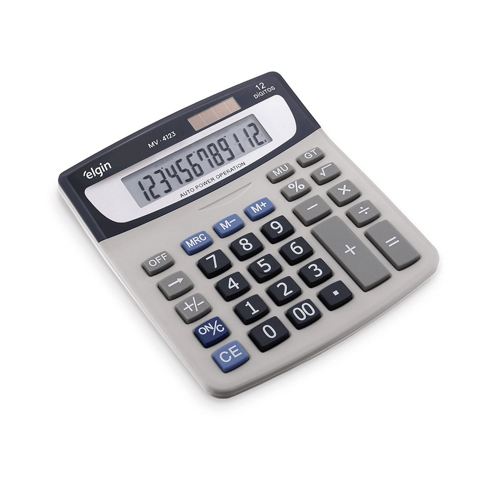 Calculadora de mesa Elgin MV-4123 cinza, com visor LCD de 12 dígitos inclinado e teclas pretas, azuis e cinzas