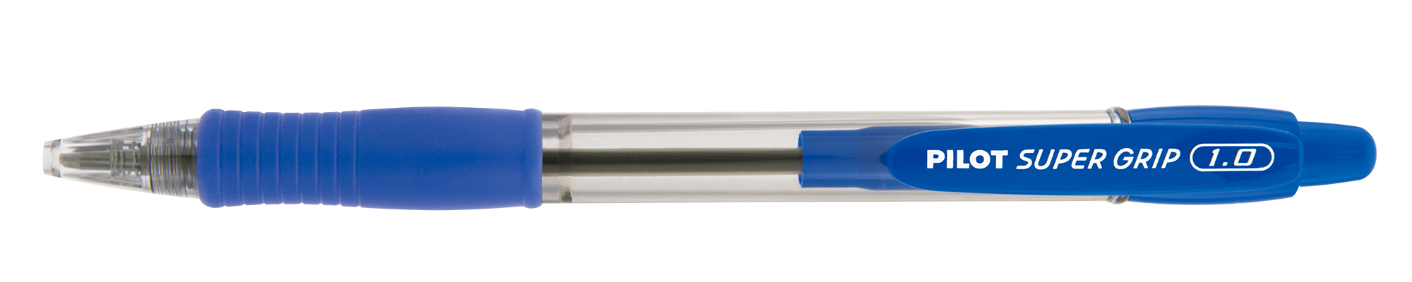 Caneta esferográfica Pilot Super Grip 1.0 azul com grip emborrachado e corpo transparente