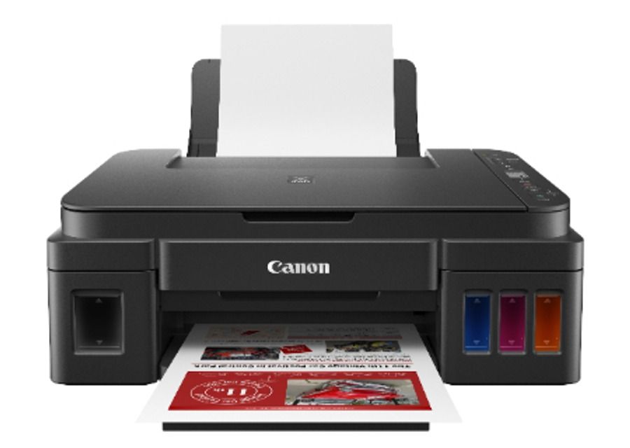 Multifuncional Canon Mega Tank G3110 preta, vista de frente, com os três tanques de tinta coloridos ao lado direito e uma folha impressa saindo