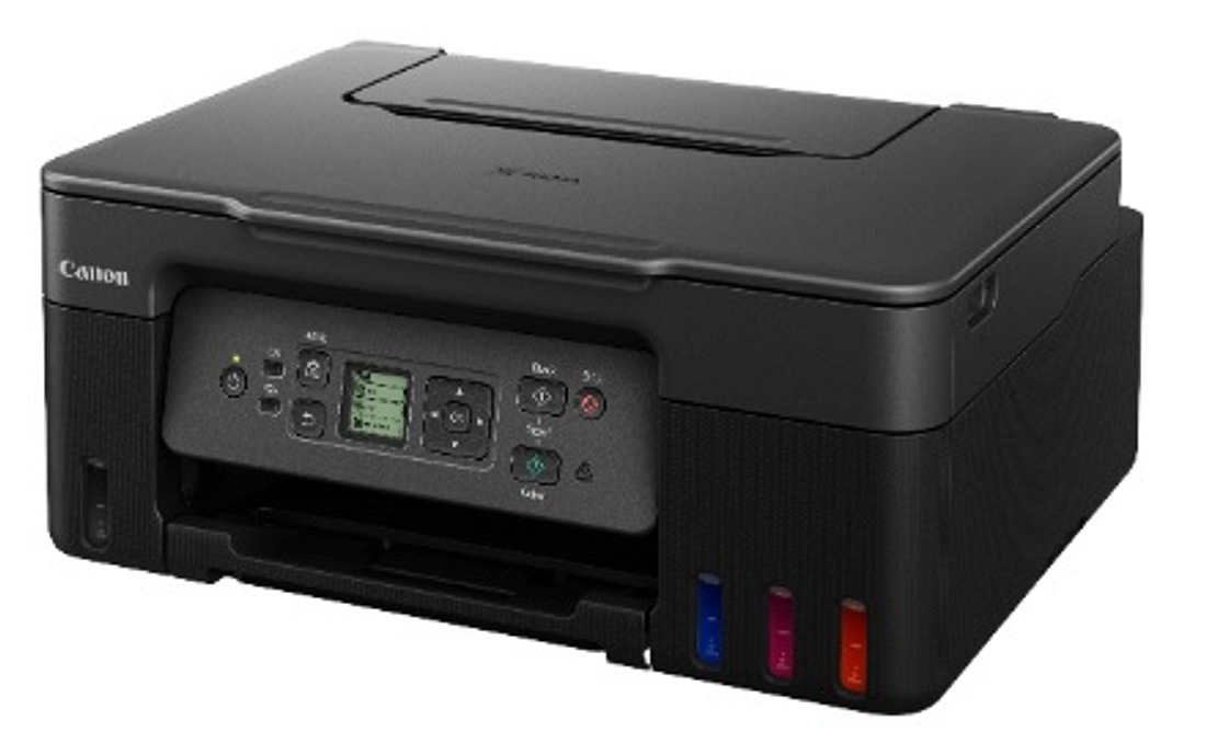 Multifuncional Canon PIXMA MegaTank G3170 preta, vista em ângulo, com painel de comandos e os frascos de tinta coloridos na lateral direita