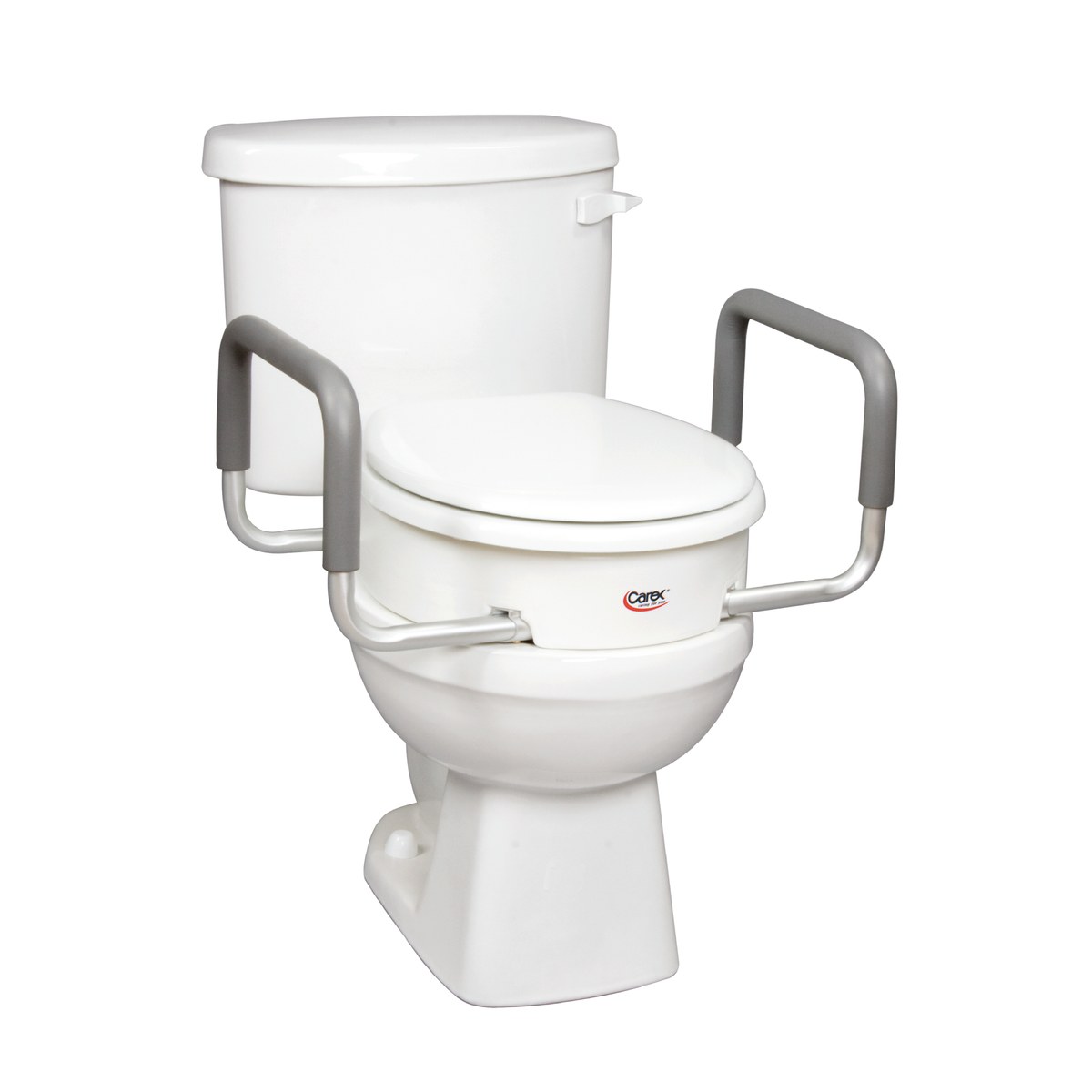 Elevador Carex com braços instalado sobre um vaso sanitário branco com a tampa fechada