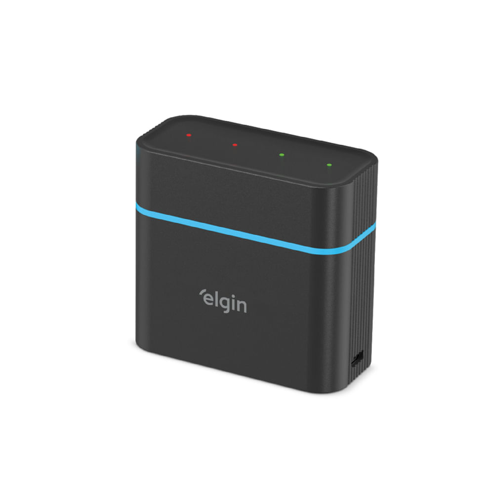 Carregador de pilhas Elgin Box Tipo C preto, com faixa azul e quatro luzes indicadoras no topo