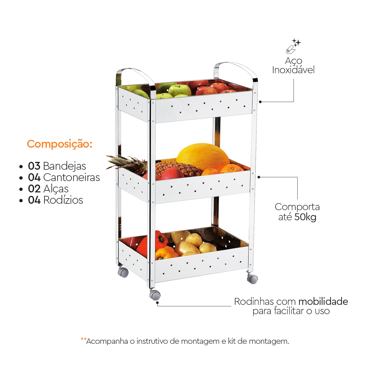 Esquema oficial do carrinho Brinox Suprema com a composição: 3 bandejas, 4 cantoneiras, 2 alças e 4 rodízios, aço inoxidável e capacidade de até 50 kg