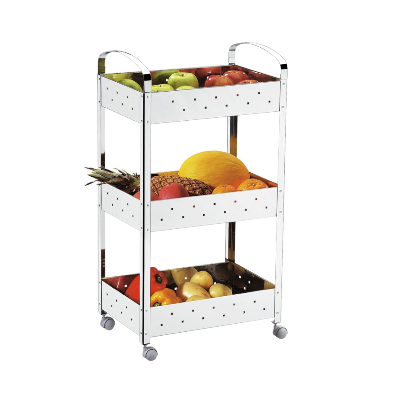 Carrinho organizador Brinox Suprema em aço inox com três prateleiras e rodinhas, com frutas e legumes nas prateleiras