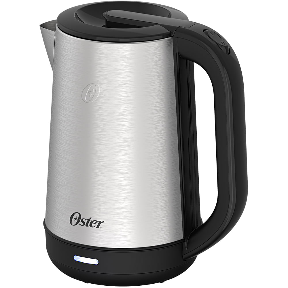 Chaleira elétrica Oster Inox OCEL840 em aço escovado, com alça preta e base preta com indicador luminoso