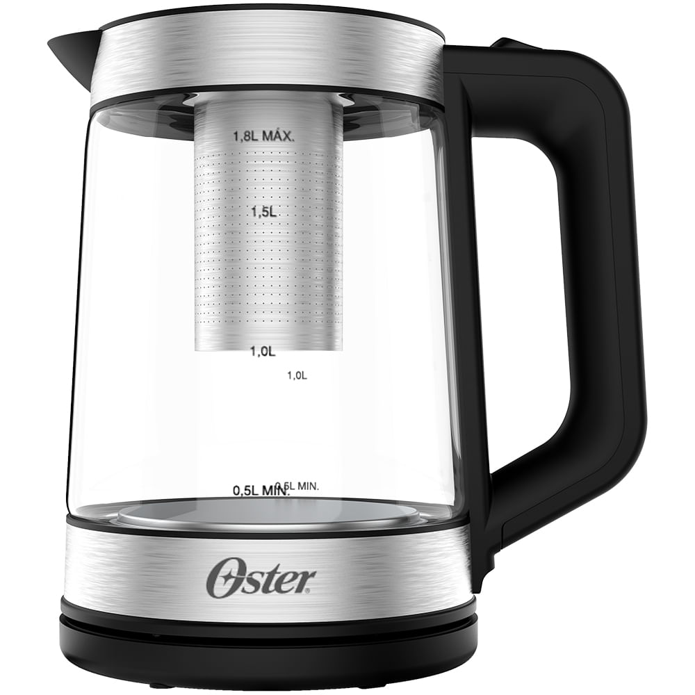 Chaleira elétrica Oster Tea OCEL704 com jarra de vidro, infusor de chá em inox e alça preta