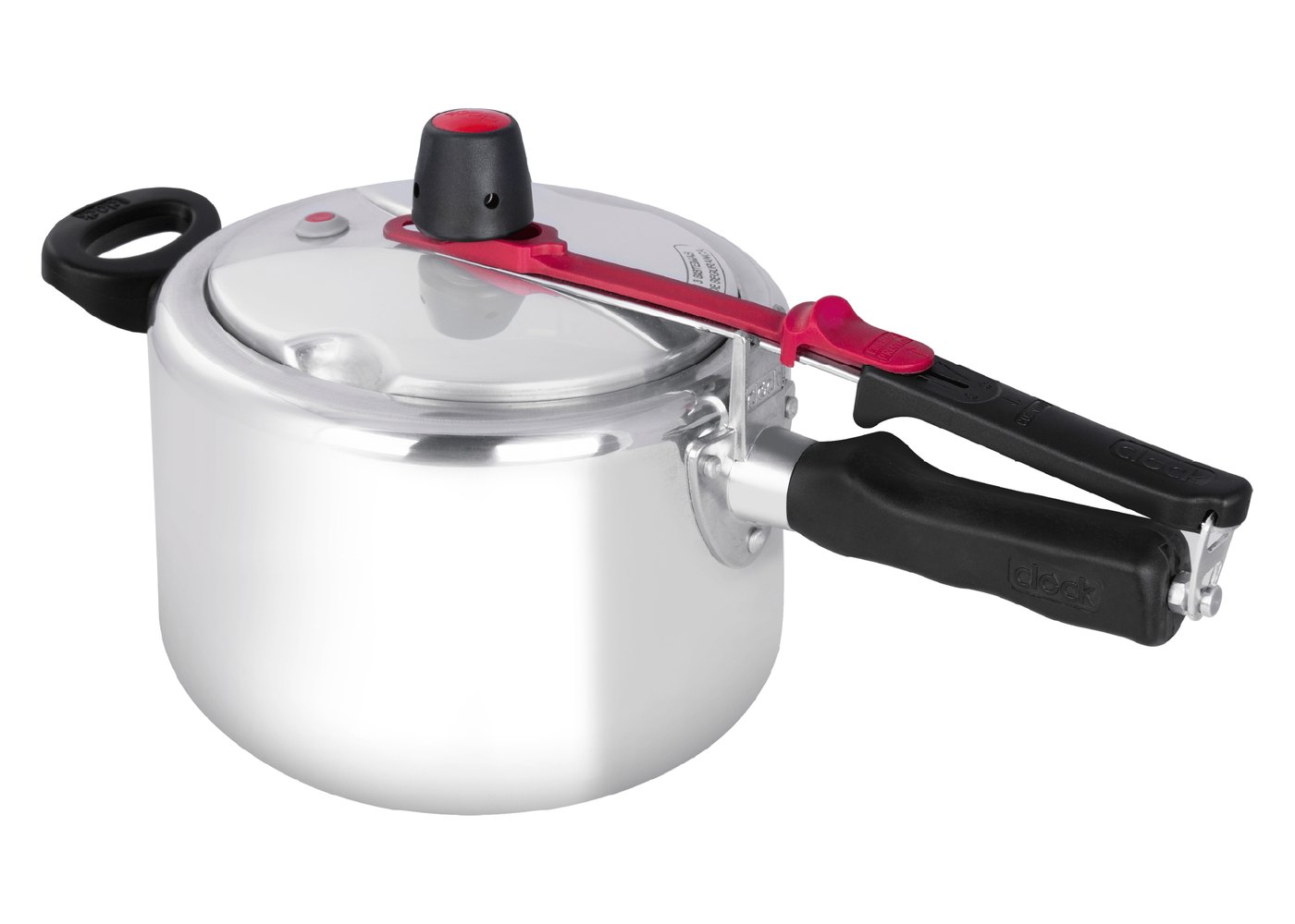 Panela de pressão Clock Original+ 4,5 L de alumínio polido com cabos pretos e haste vermelha de liberação de vapor