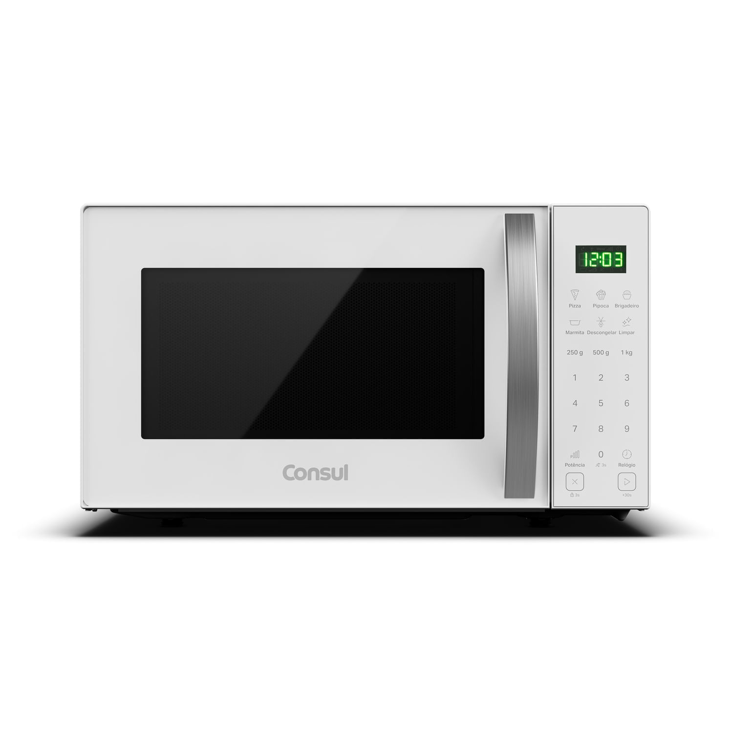 Micro-ondas Consul CMS23AB branco, visto de frente, com painel de teclas com símbolos e visor de LED