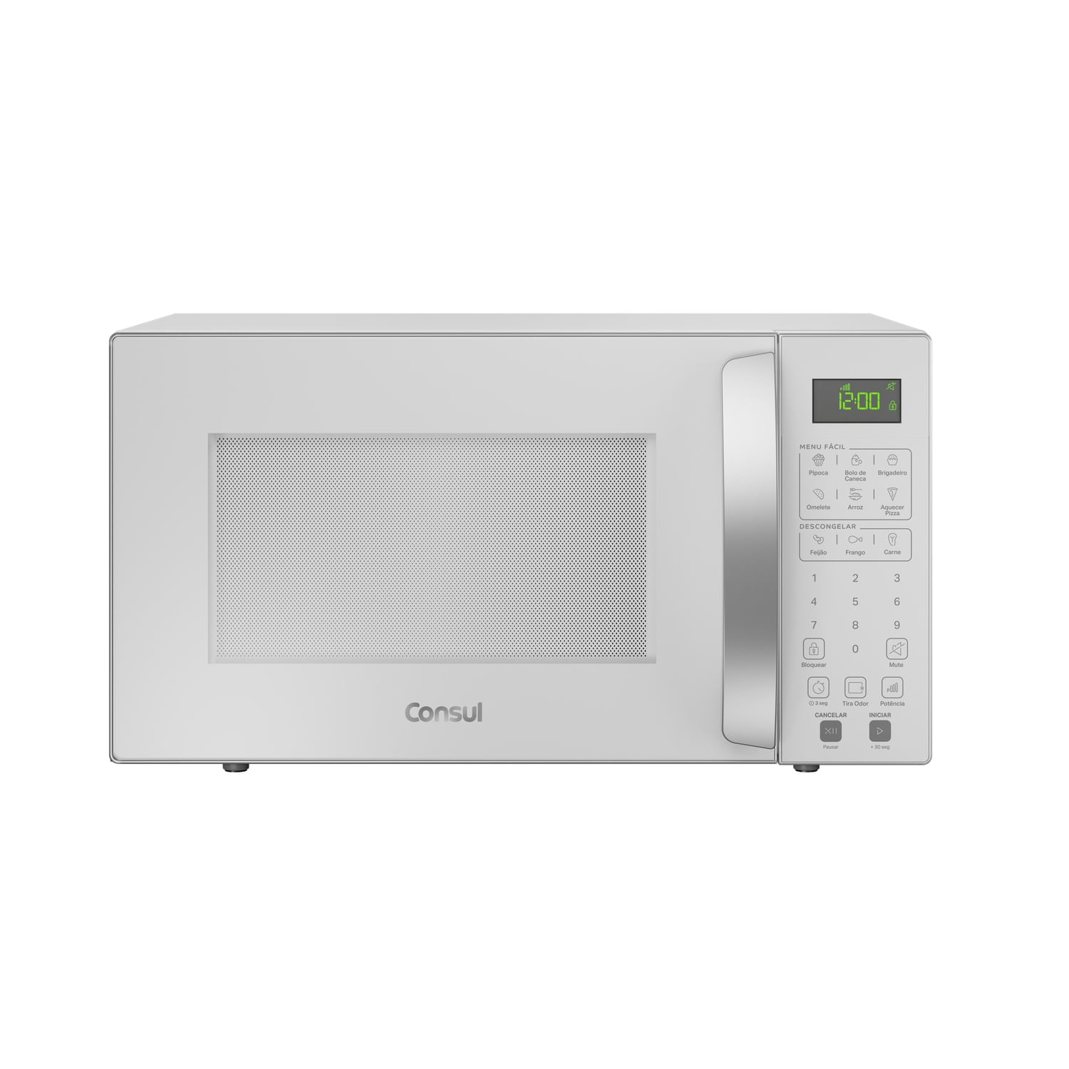 Micro-ondas Consul CMS46AB branco de 32 litros, visto de frente, com visor de LED e botões no painel