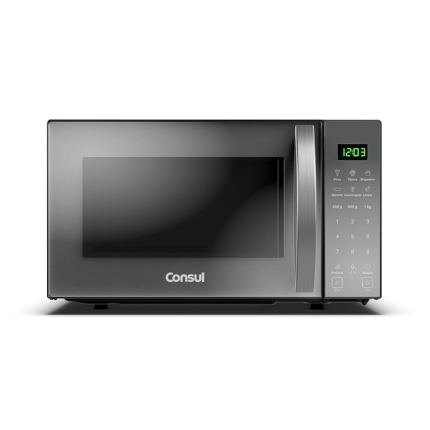 Micro-ondas Consul CMS23AR inox escuro com painel de teclas numéricas e display verde