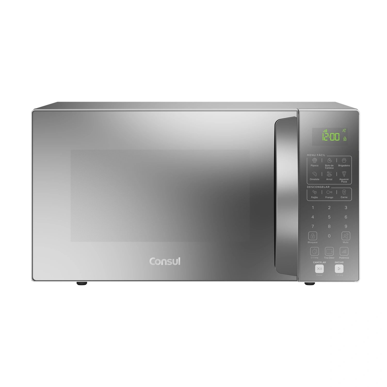 Micro-ondas Consul CMS46AR com porta espelhada cinza e painel com display verde e teclas de receitas