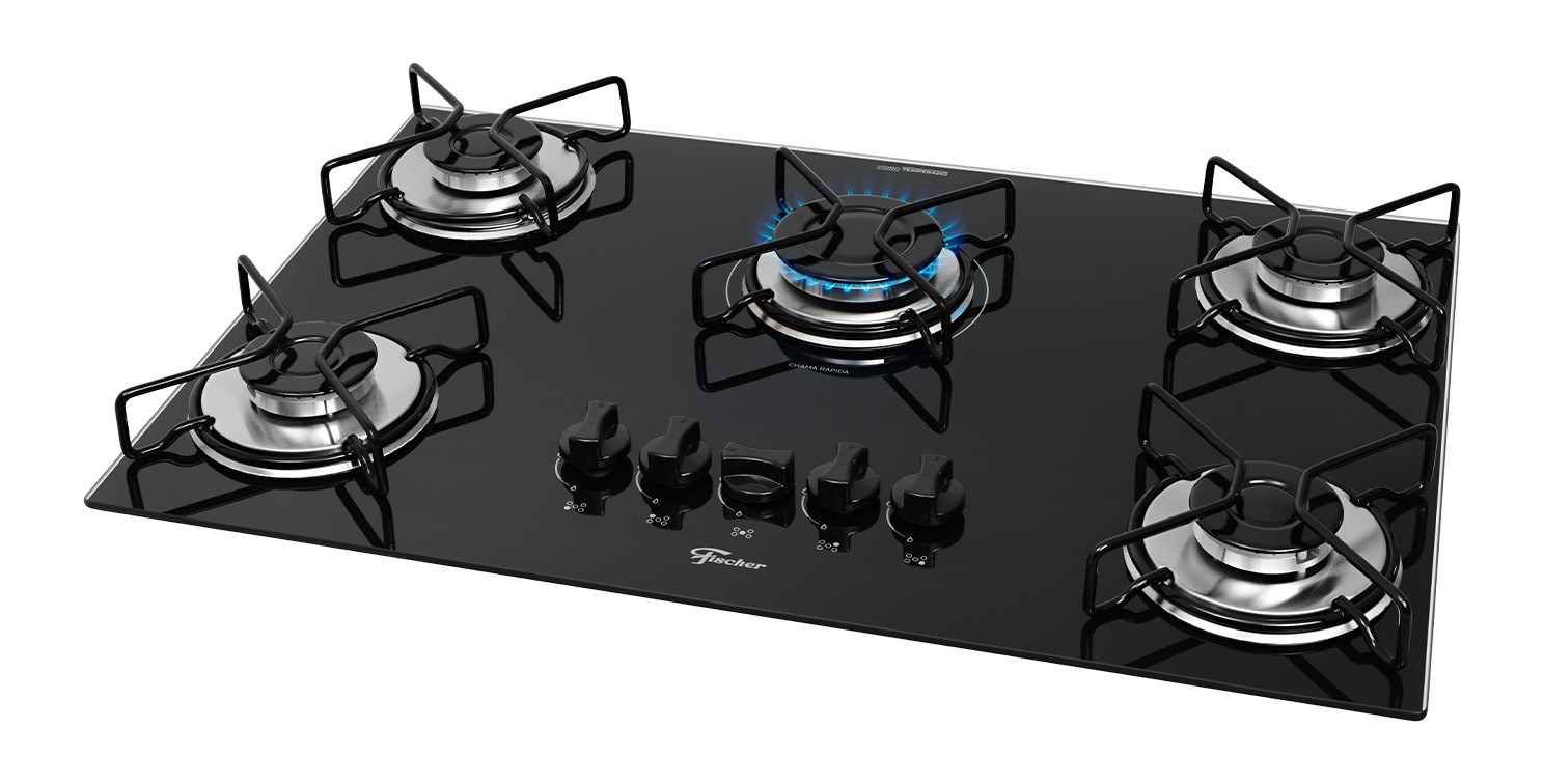 Cooktop a gás Fischer Fit Line 5 bocas, de vidro preto, com uma chama azul acesa