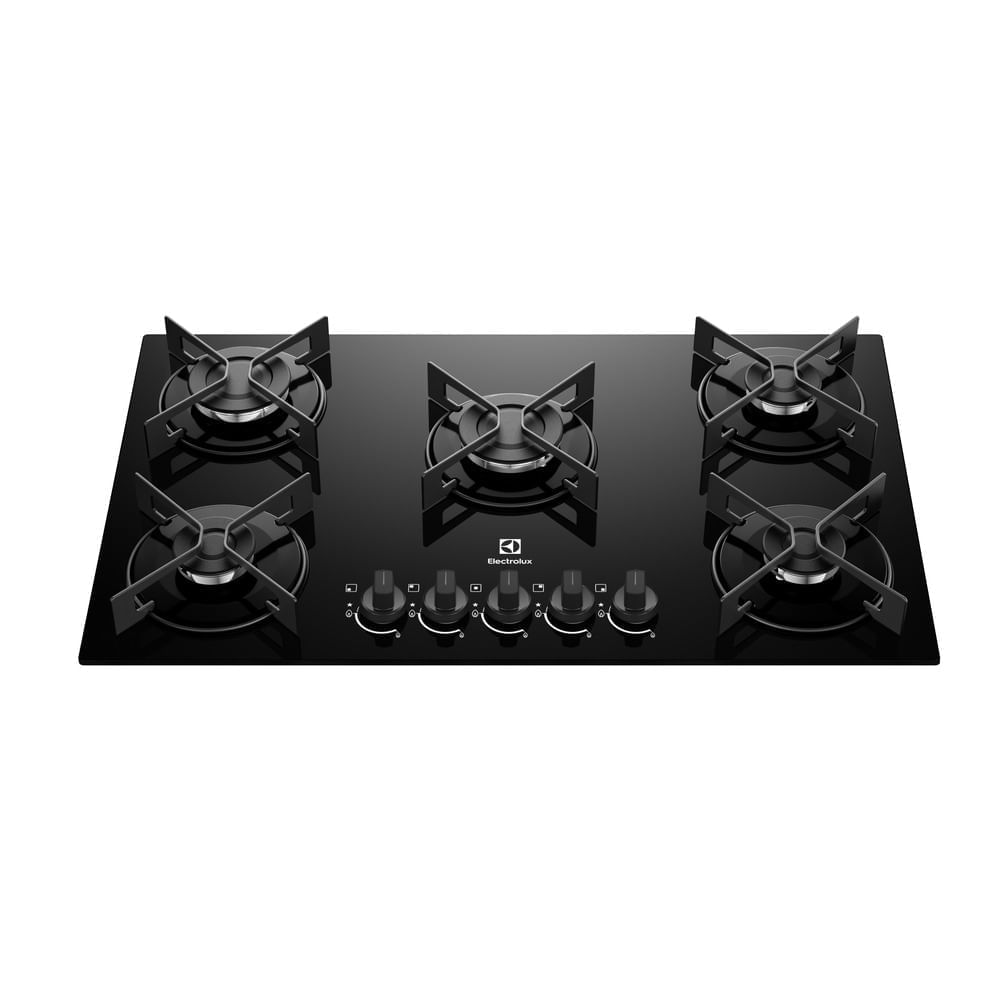 Cooktop a gás Electrolux KE5GR de cinco bocas, com mesa de vidro preta e grades de aço, visto de cima