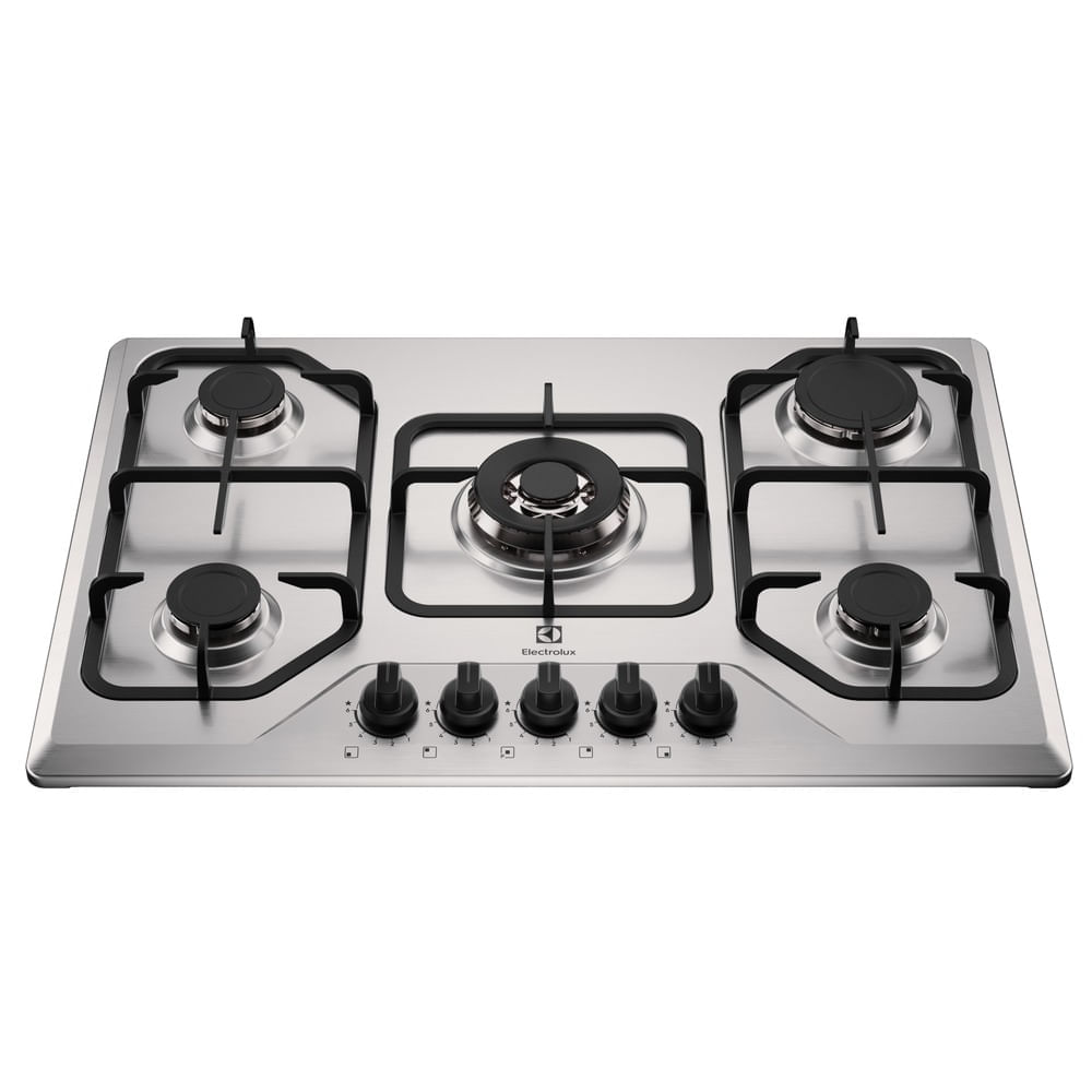 Cooktop a gás Electrolux KE5XC de cinco bocas, com mesa de inox e grades de ferro fundido, visto de cima